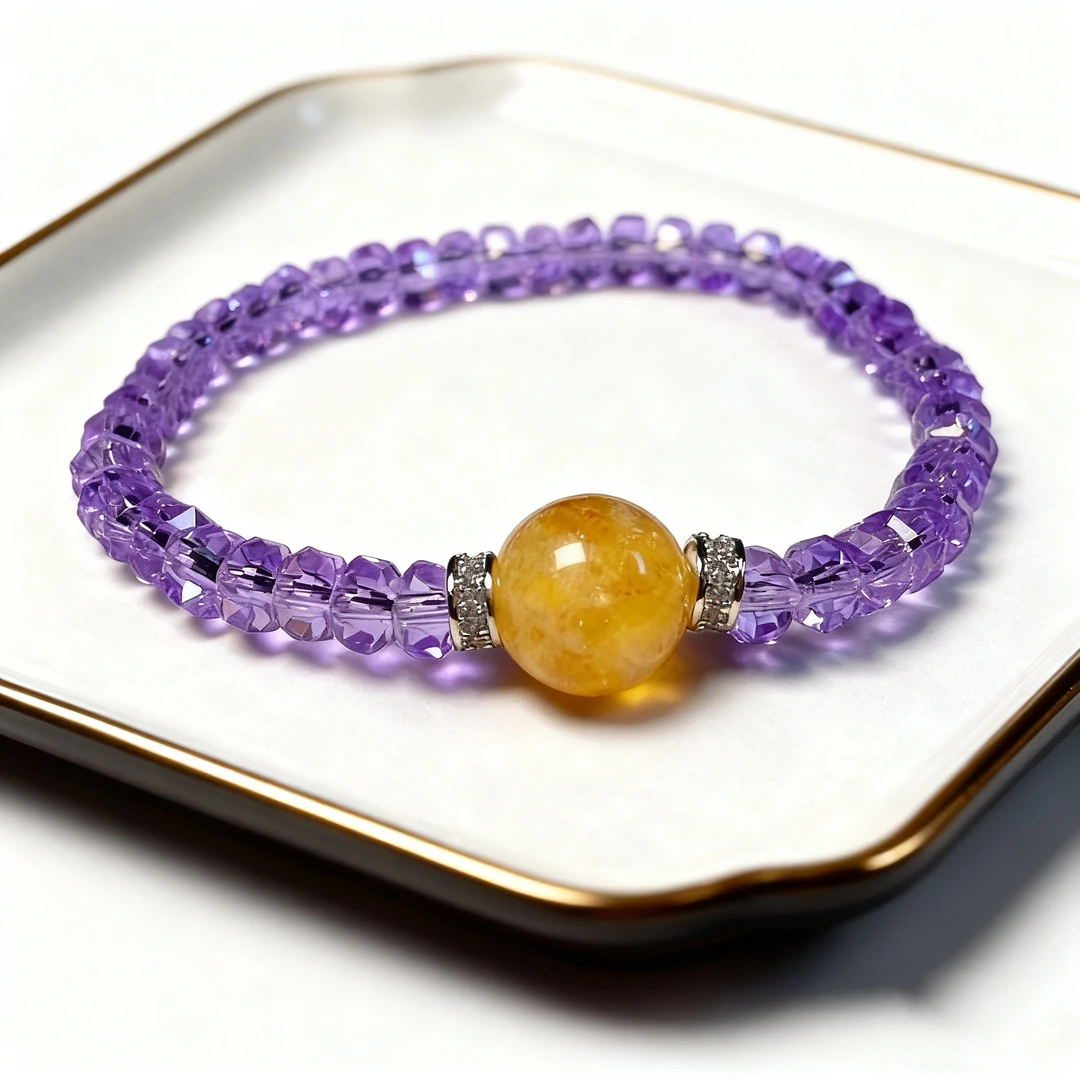 V90紫水晶棱角珠搭黄水晶手串