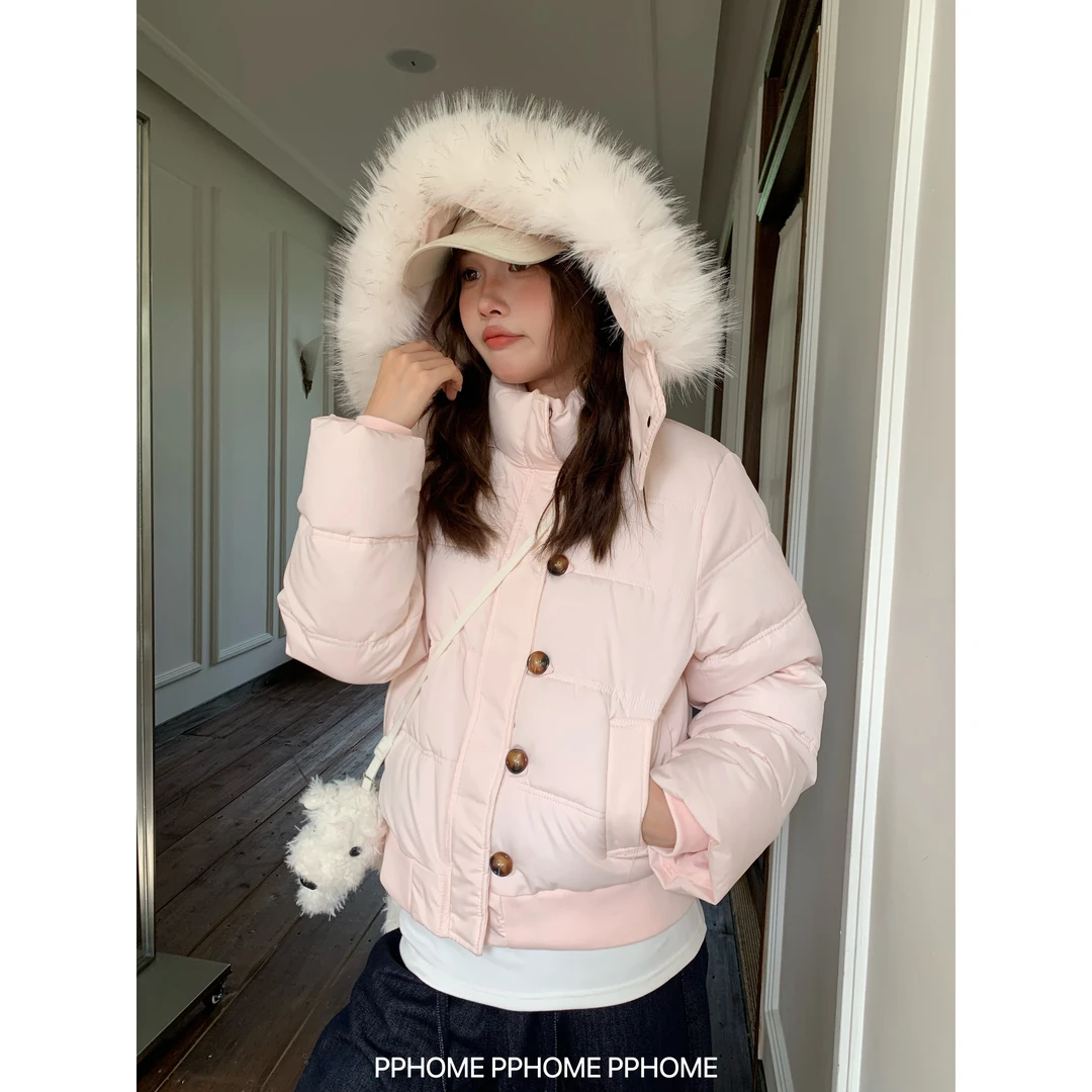 甜粉棉服 大毛领连帽面包服短款百搭冬季保暖加厚外套