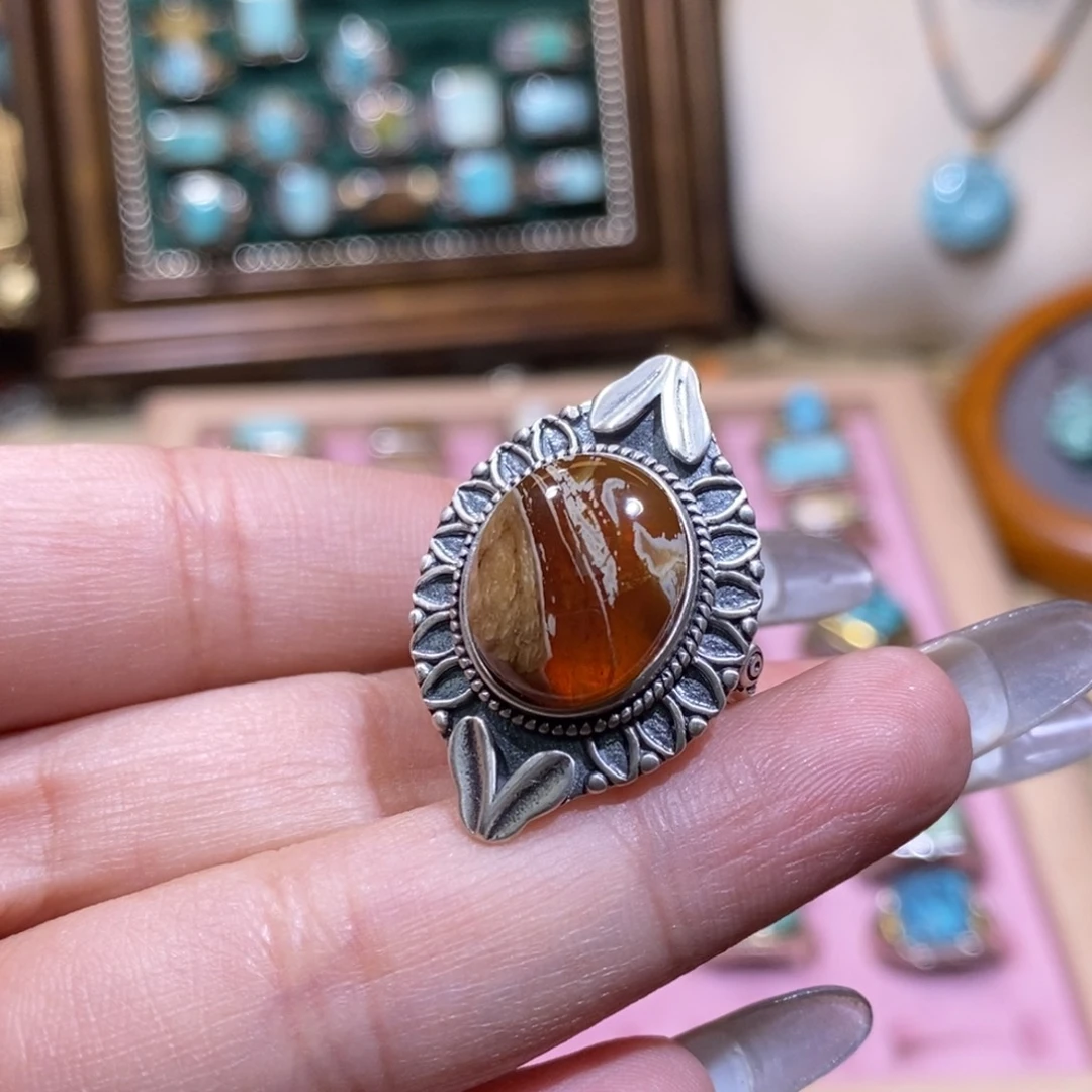 琥珀银S925镶嵌戒指棋*戒指