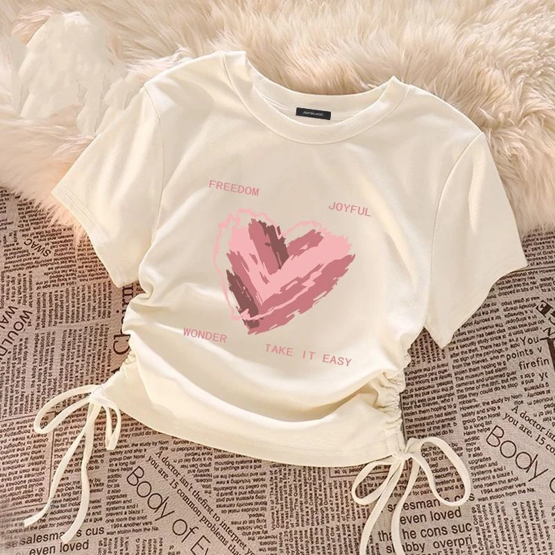 新中式女童纯色短款上衣夏季儿童洋气薄半袖中大童抽绳设计款短袖