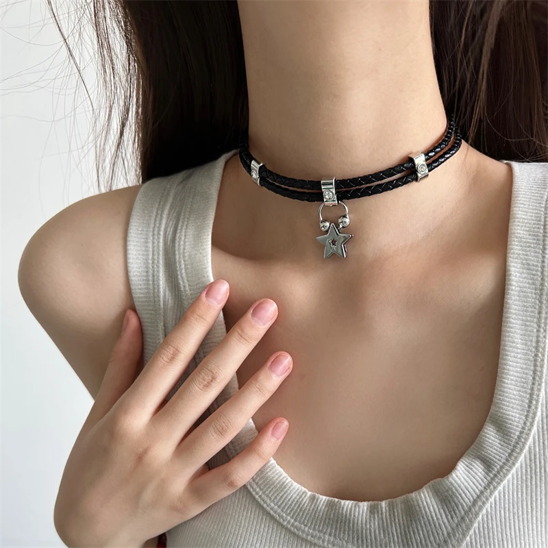 合金皮质项链 X5913-1双层五角星choker项链复古编织小众简约个性