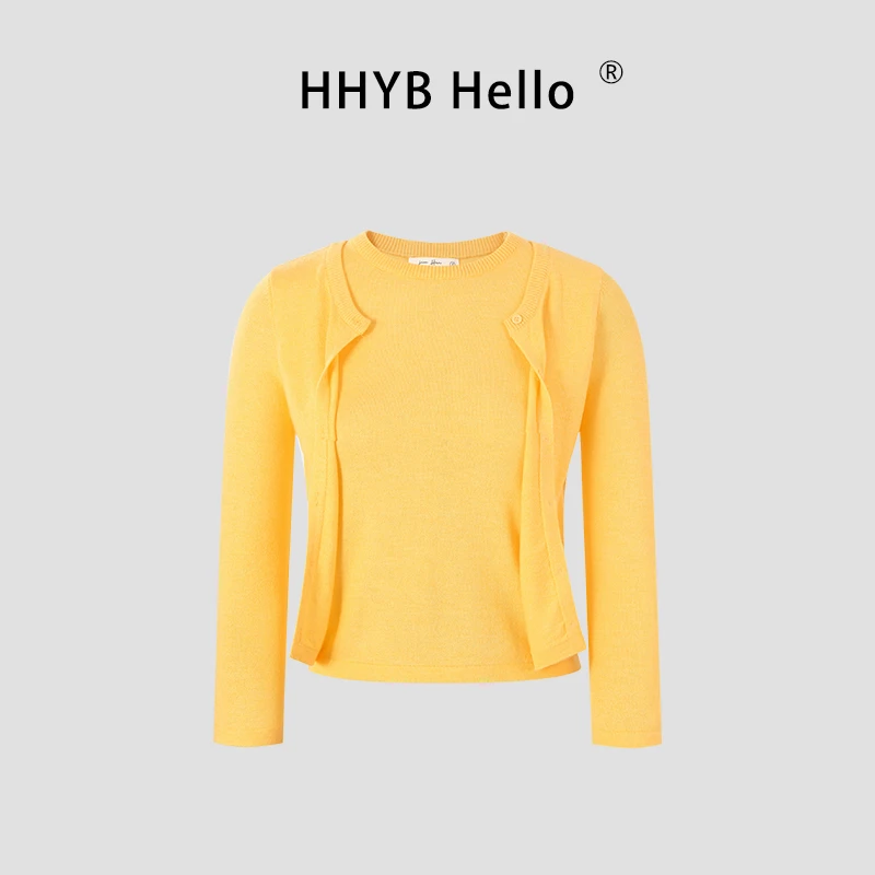 HHYB Hello2025新款百搭假两件正肩贝壳纽扣7分袖开衫上衣QM1377