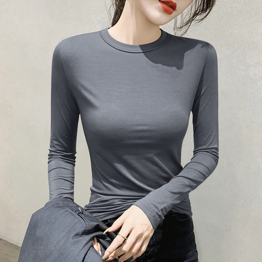 秋冬爆款修身显瘦莫代尔面膜上衣圆领薄款时尚打底衫女ins风T恤潮