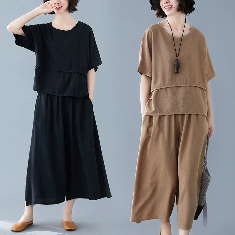 中老年套装女大码斤胖妈妈装棉麻斤宽松休闲阔腿裤两套夏