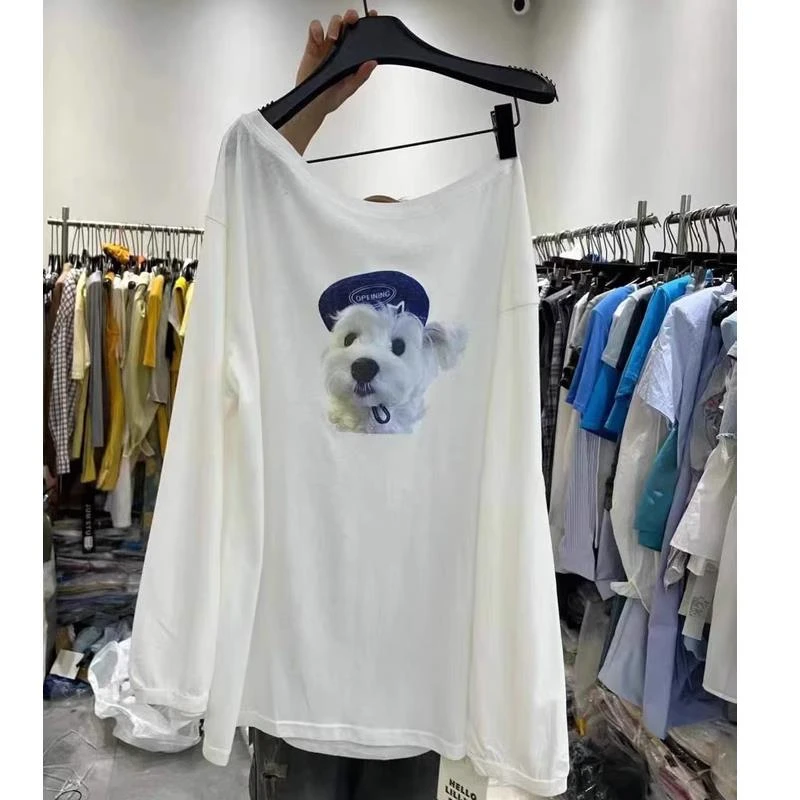 白色斜肩卡通小狗印花防晒长袖T恤女夏季薄款外搭空调衫罩衫上衣