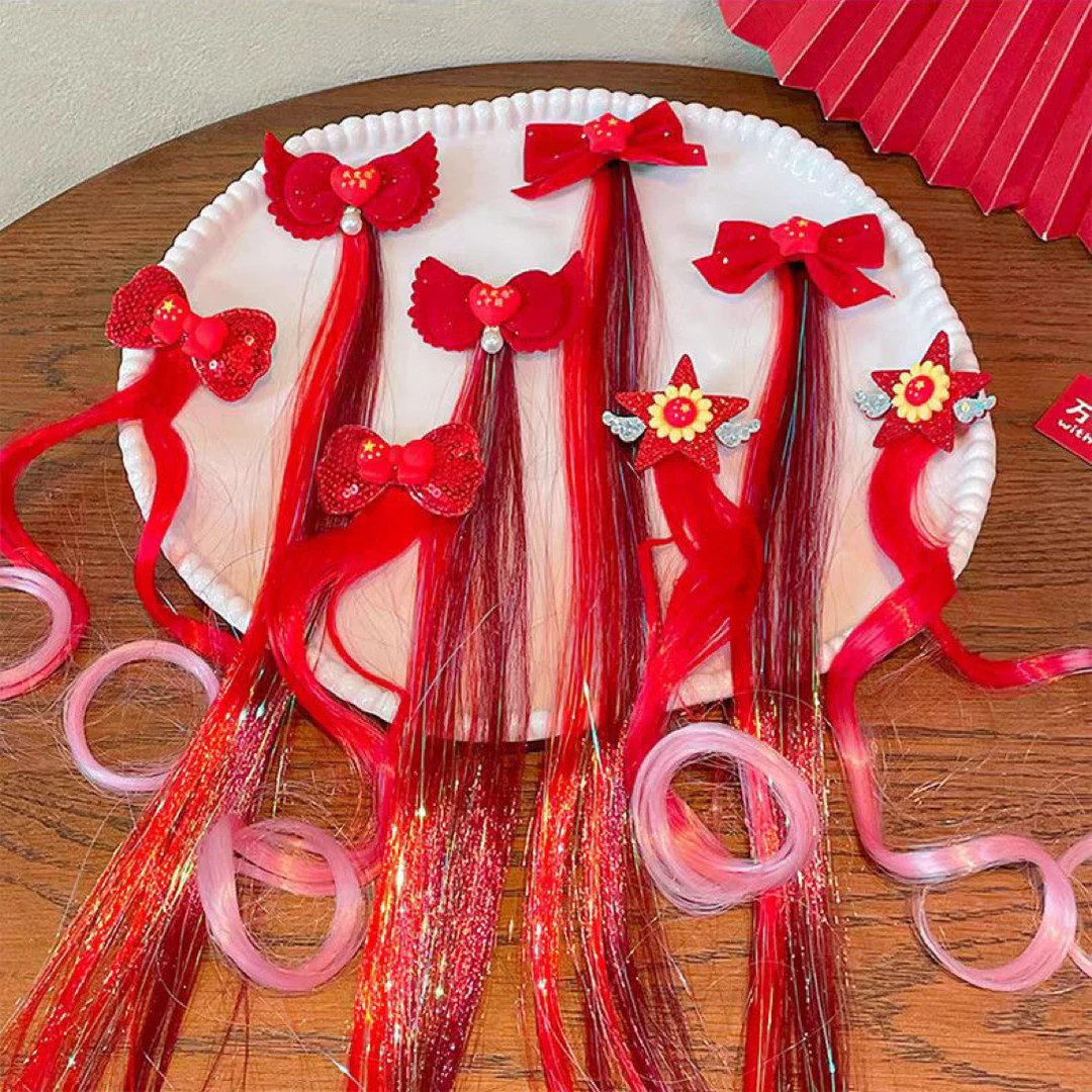 诗小诗2025 女童国庆出游节日中国红蝴蝶结假发夹甜酷编发发夹