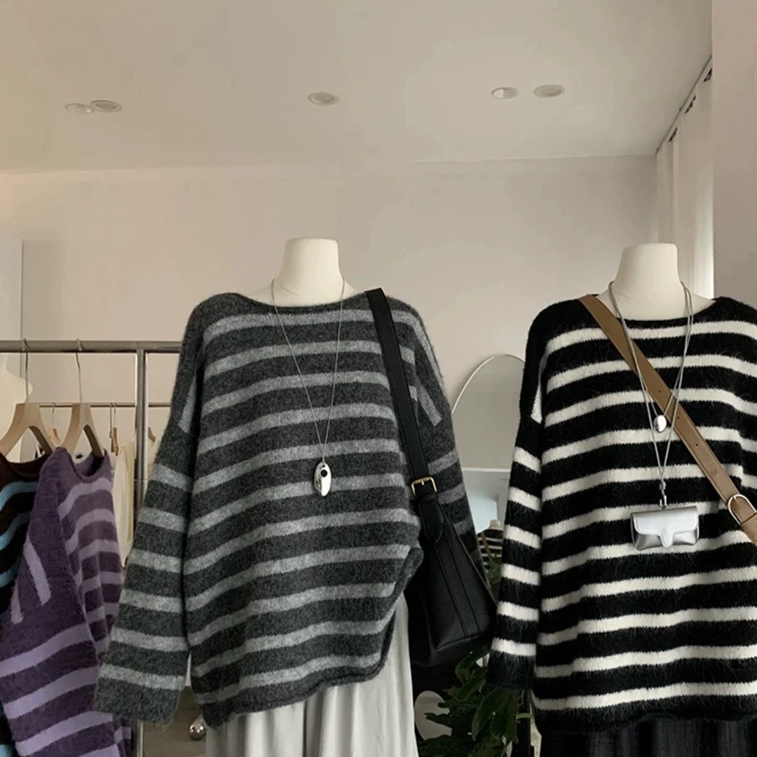 【运补5】条纹一字领撞色毛衣慵懒风大版套头上衣