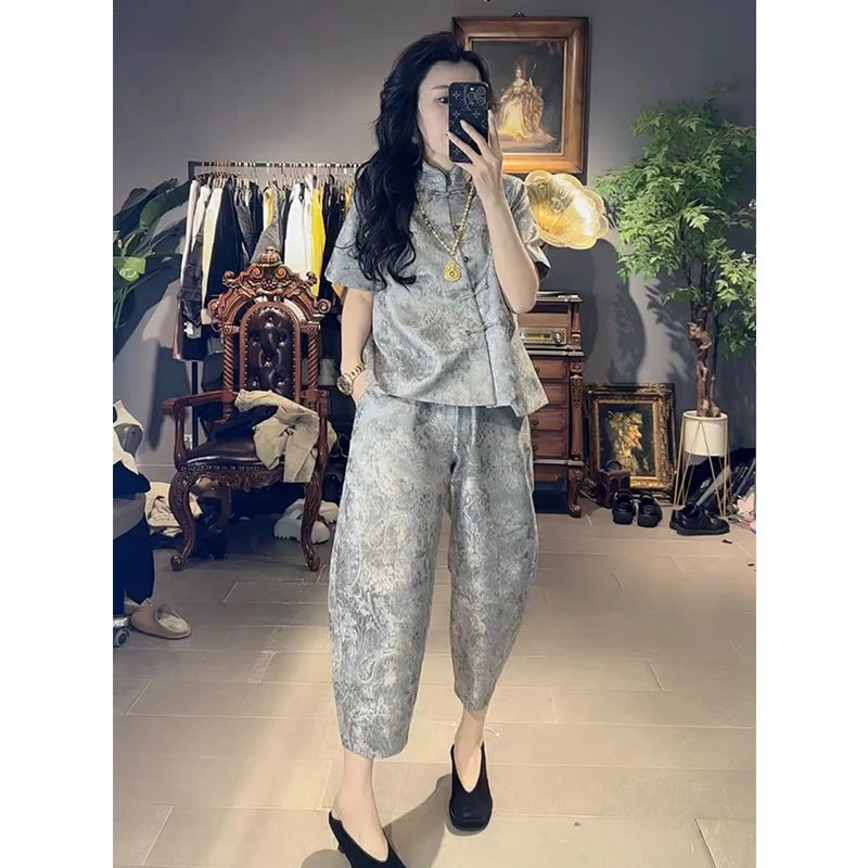 欧洲站2025夏季新款新中式国风立领短袖上衣女时尚高腰阔腿裤套装