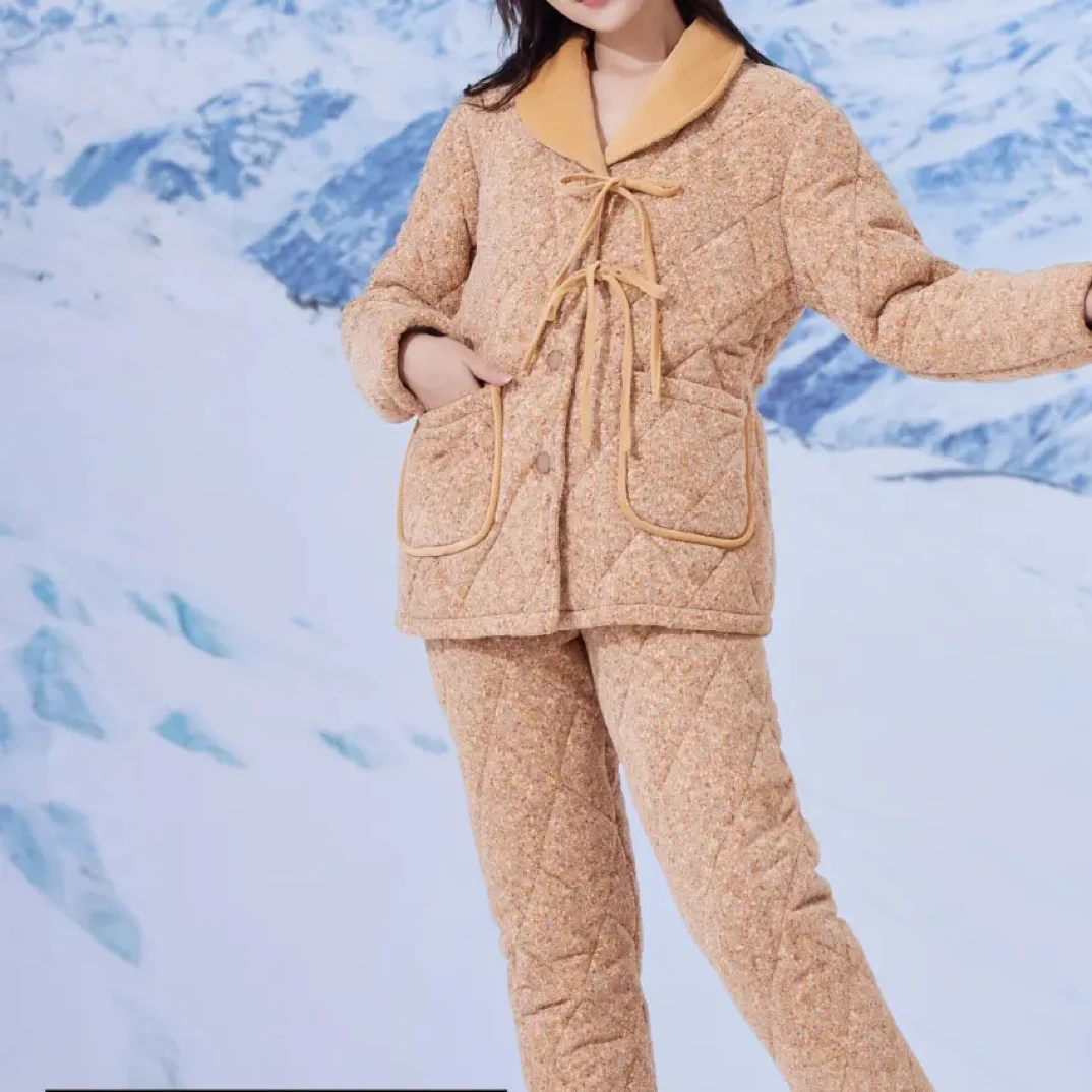 235049原创设计款冬季女士三层夹棉加厚加绒保暖可外穿睡衣套
