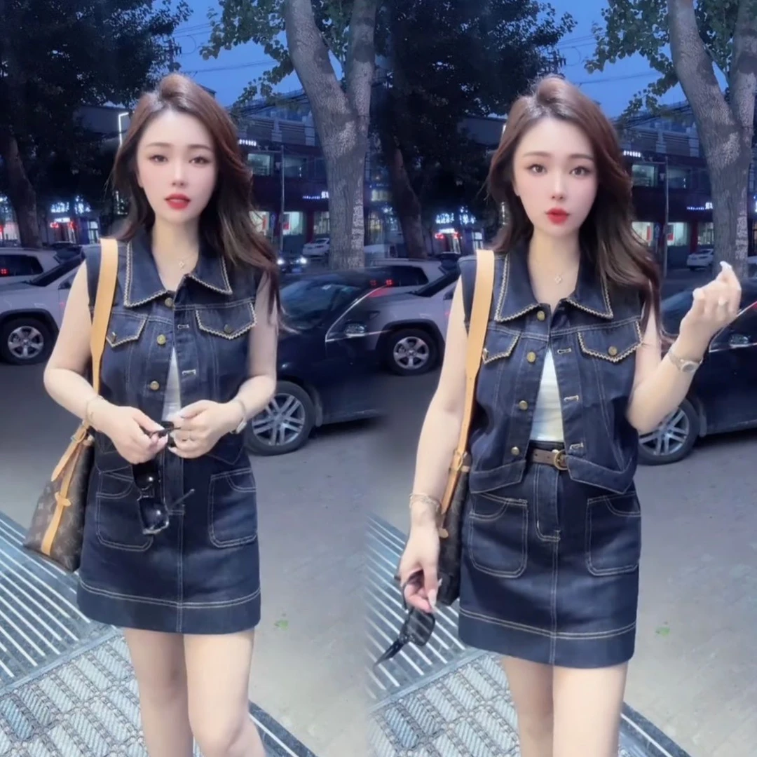 2025早秋新款polo领明线牛仔套裙无袖马甲外套高腰半身裙两件套潮