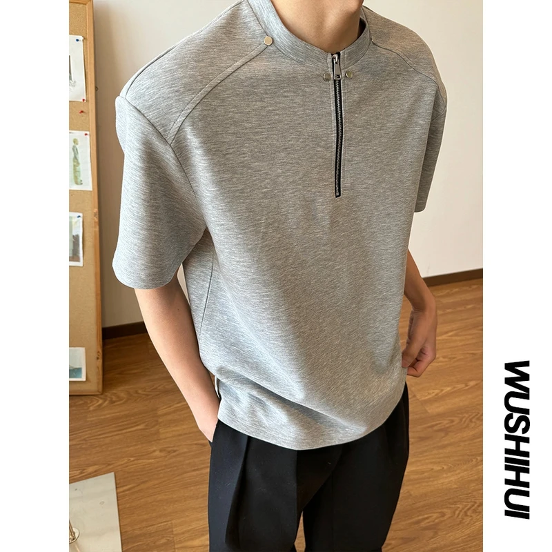 太空棉高级感半拉链垫肩t恤男cleanfit短袖美式高街设计感半袖