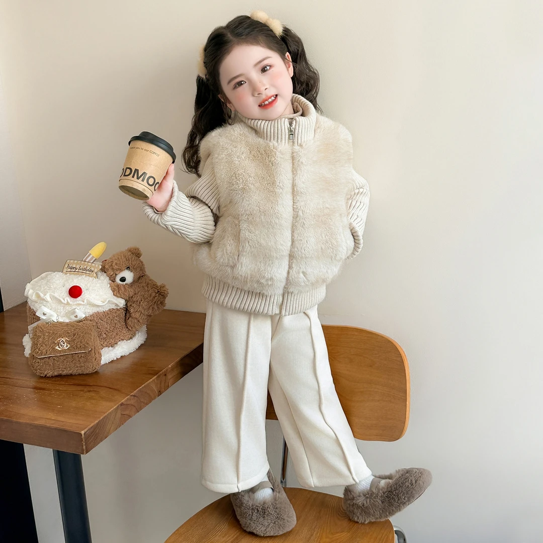 女童加绒毛毛衣套装冬2025新款儿童超好看保暖可爱宝宝冬装棉衣