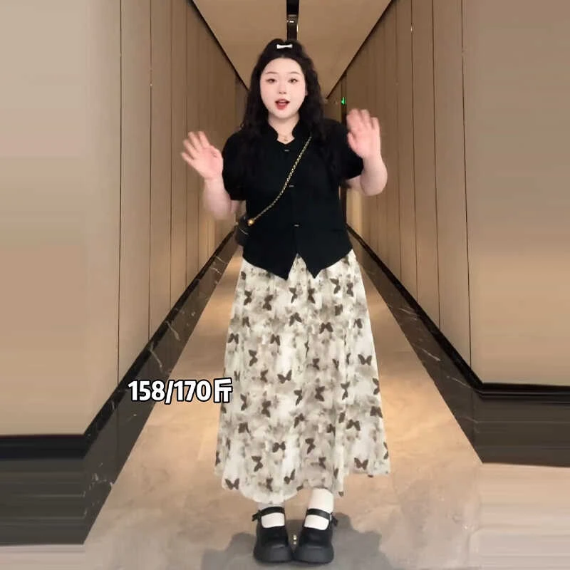 大码新中式国风气质两件套女夏季胖mm遮肉短袖T恤+蝴蝶半身裙套装
