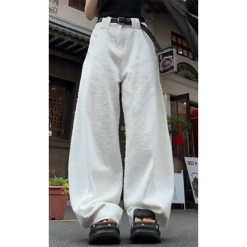 艾塔莉白色设计感显瘦高街废土风牛仔裤女春季新款垂感阔腿弯刀裤