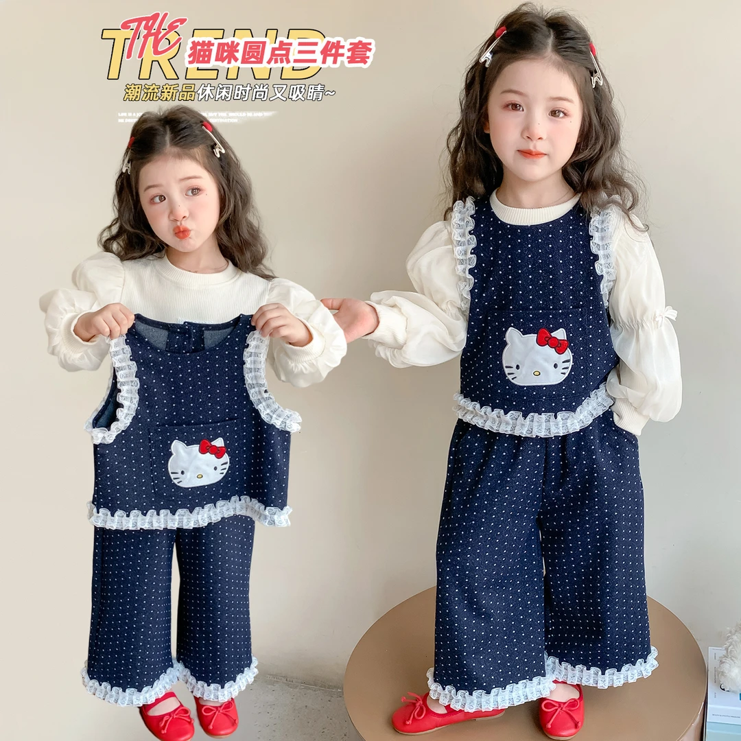 女童秋装牛仔三件套装2025新款女宝宝洋气时髦蕾丝花边背心3件套