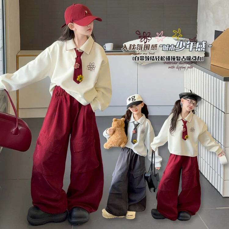 [麦哆哆」女童中大童秋季韩系时髦洋气花朵领带卫衣潮酷工装裤套装