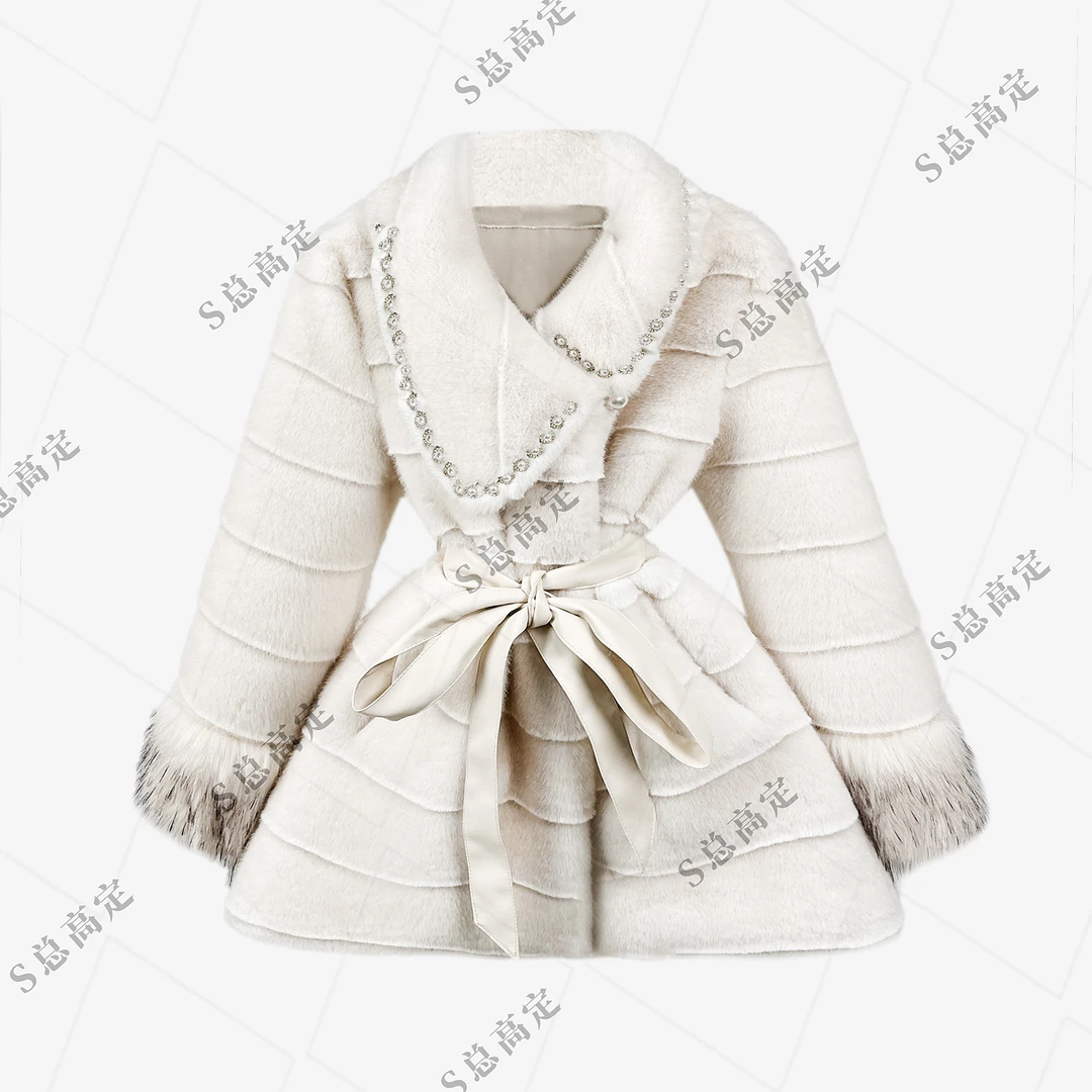 【夏夏专属】法式冬季轻奢拼接钉珠亮片艺束腰显瘦百搭外套D0397