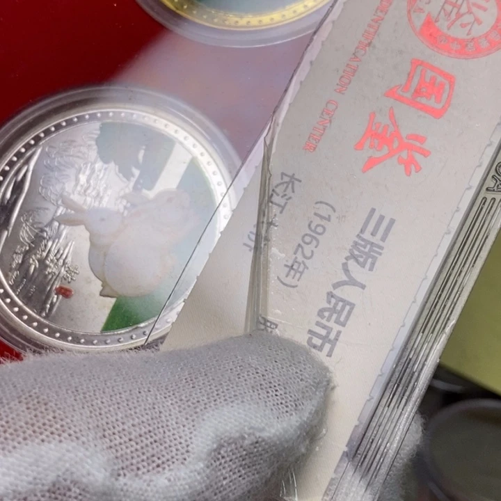 ^****^38...生肖兔纪念章两枚，品相如图。
