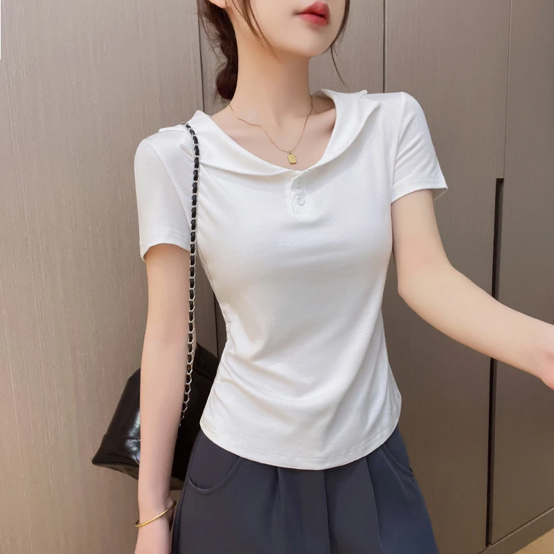 白色人棉西装领短袖百搭常规T恤夏季新款时尚修身女生韩系ins衣服