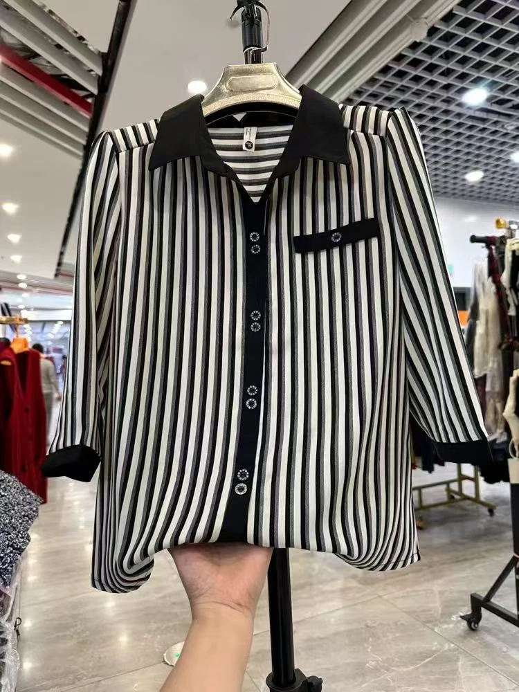 88028#时尚翻领条纹衬衫2025春夏新款洋气减龄小衫上衣