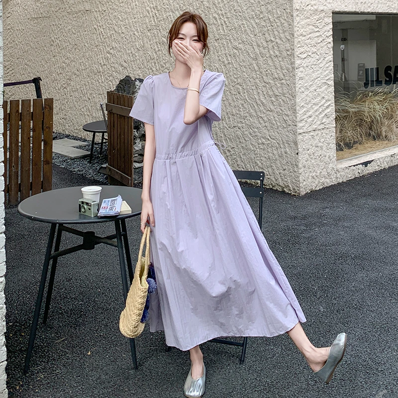 法式休闲收腰淡紫色连衣裙女夏2025新款独特洋气显瘦漂亮甜美长裙