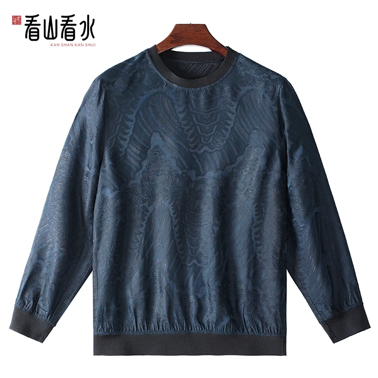 看山看水99931香云纱男装桑蚕丝交织桑波圆领中式长袖套头衫
