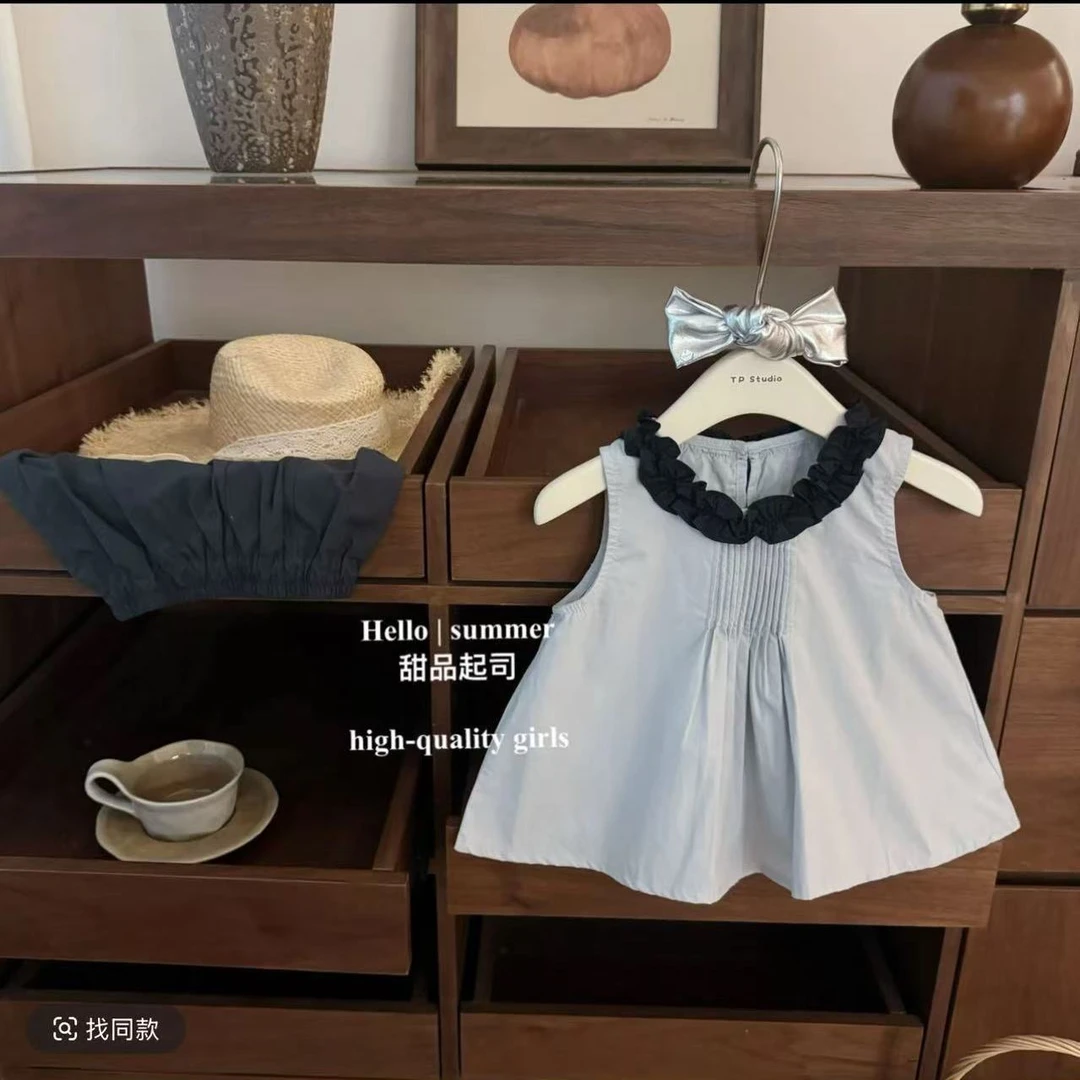 女童夏季新款套装洋气无袖花边领上衣女宝宝短裤百搭两件套