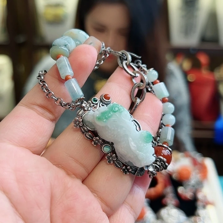 翡翠手链银S925镶嵌古风