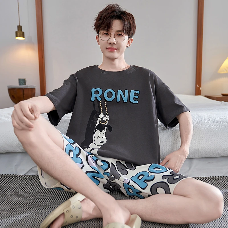 bejirog/北极绒简约卡通纯棉睡衣男士夏季宽松大码家居服可外穿