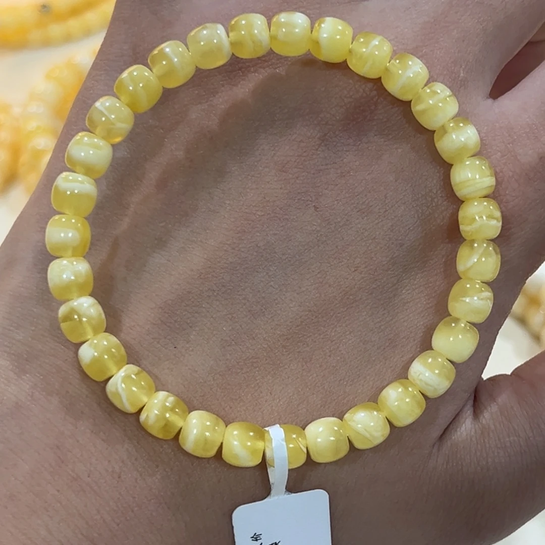 蜜蜡未镶嵌手链6.5m金白虎皮高桩手串