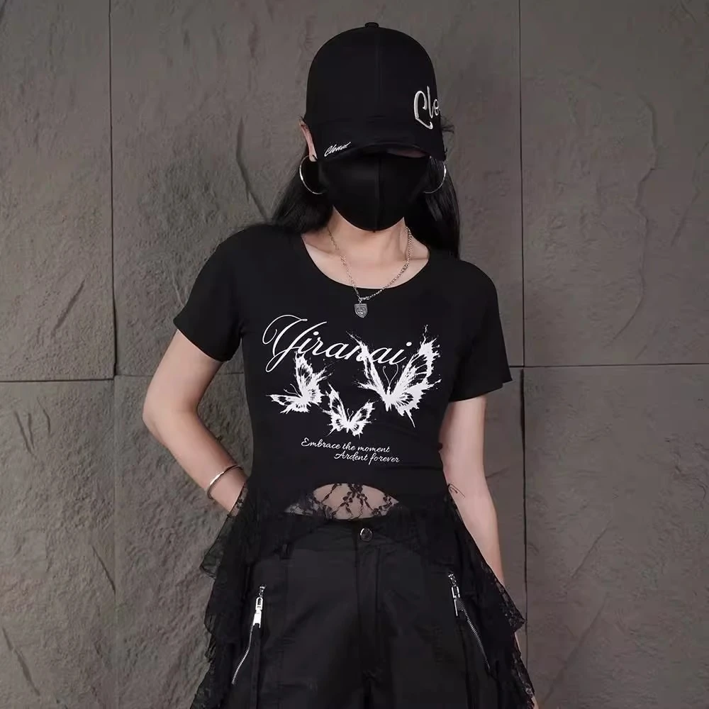 欧美风蕾丝拼接女T恤夏季新款设计感修身显瘦纯欲辣妹短款小上衣