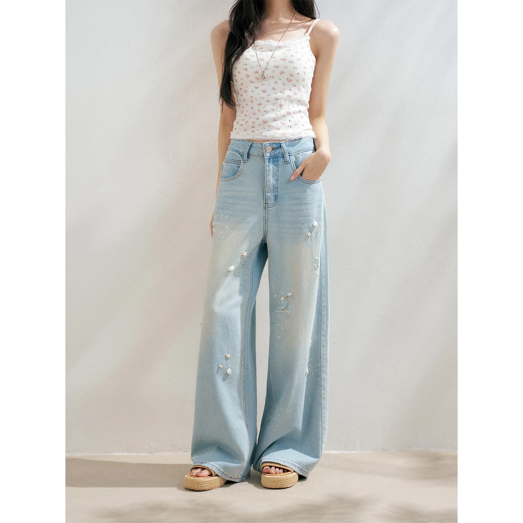 16DEWS 2025SS 重工贝壳烫钻阔腿牛仔裤