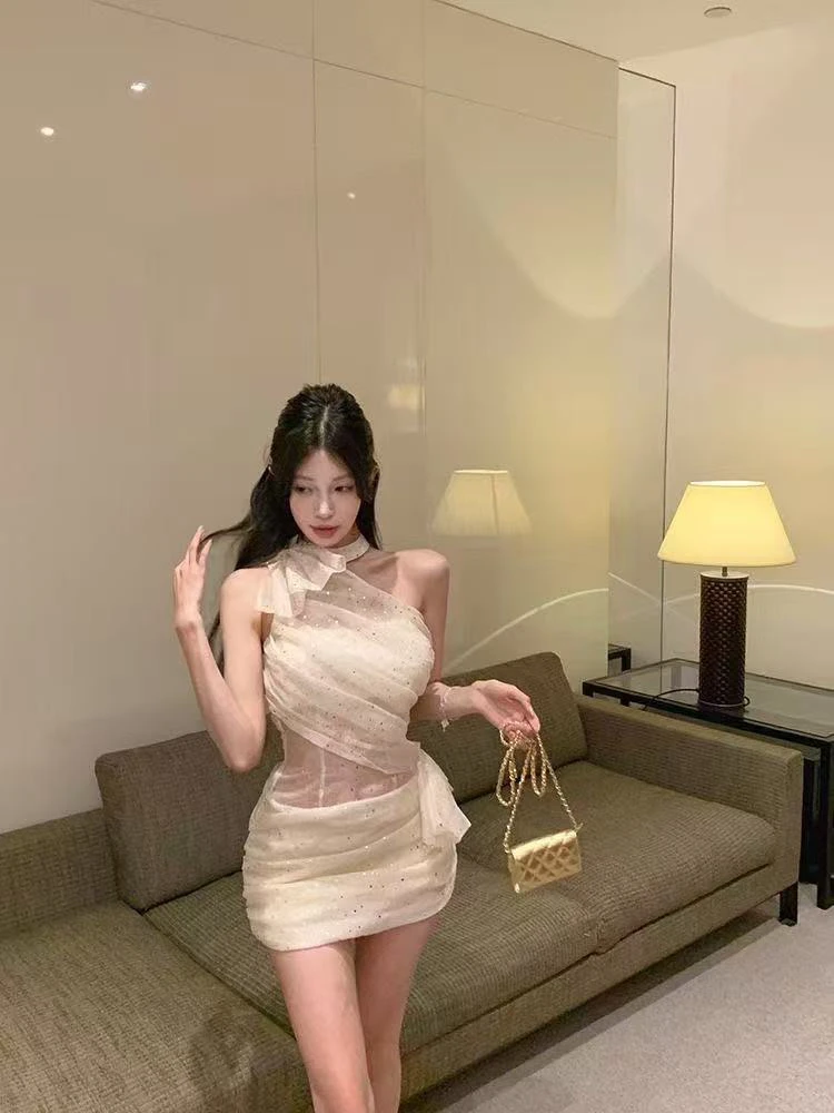 夏季斜肩挂脖透视设计感短裙纯欲风连衣裙 孤品No退NO换