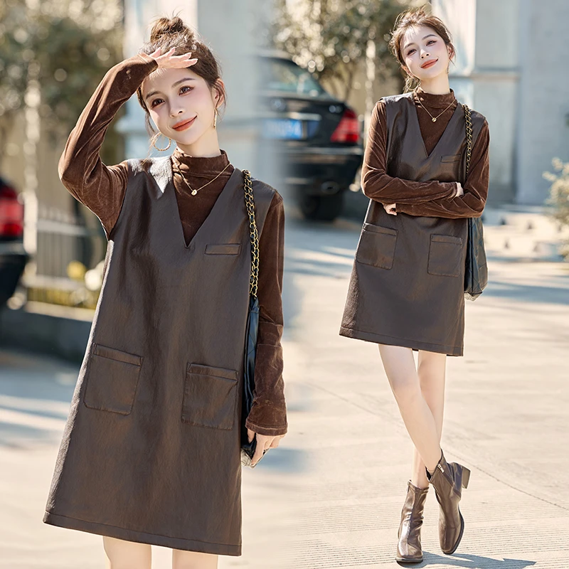 韩系PU皮马甲连衣裙套装女2025年春秋新款小个子减龄背心裙两件套