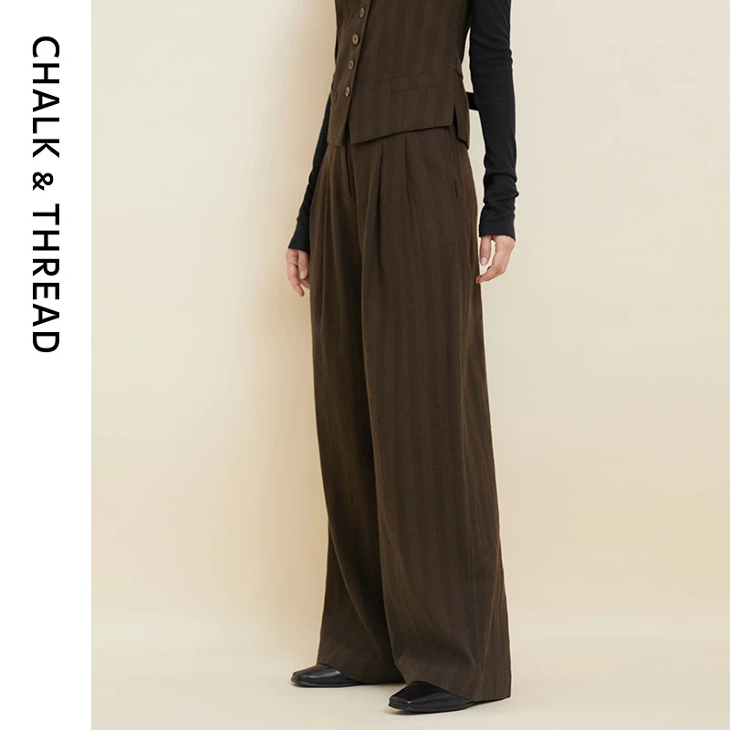 CHALK&THREAD复古咖色高腰连身褶裥磨毛感日本棉麻人字纹阔腿长裤