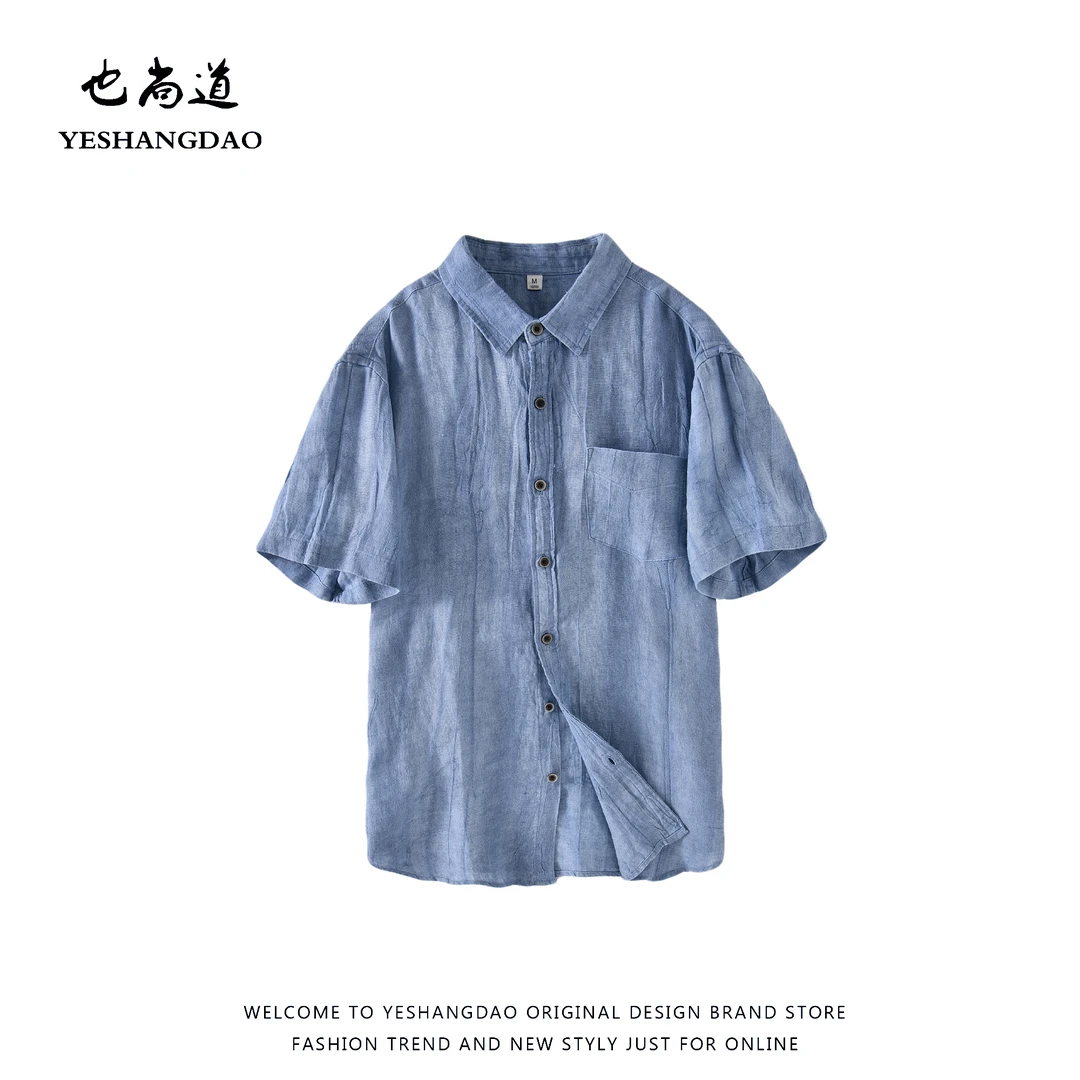 亚麻衬衫男款短袖薄款夏季新款复古新款宽松潮流帅气免烫休闲棉麻
