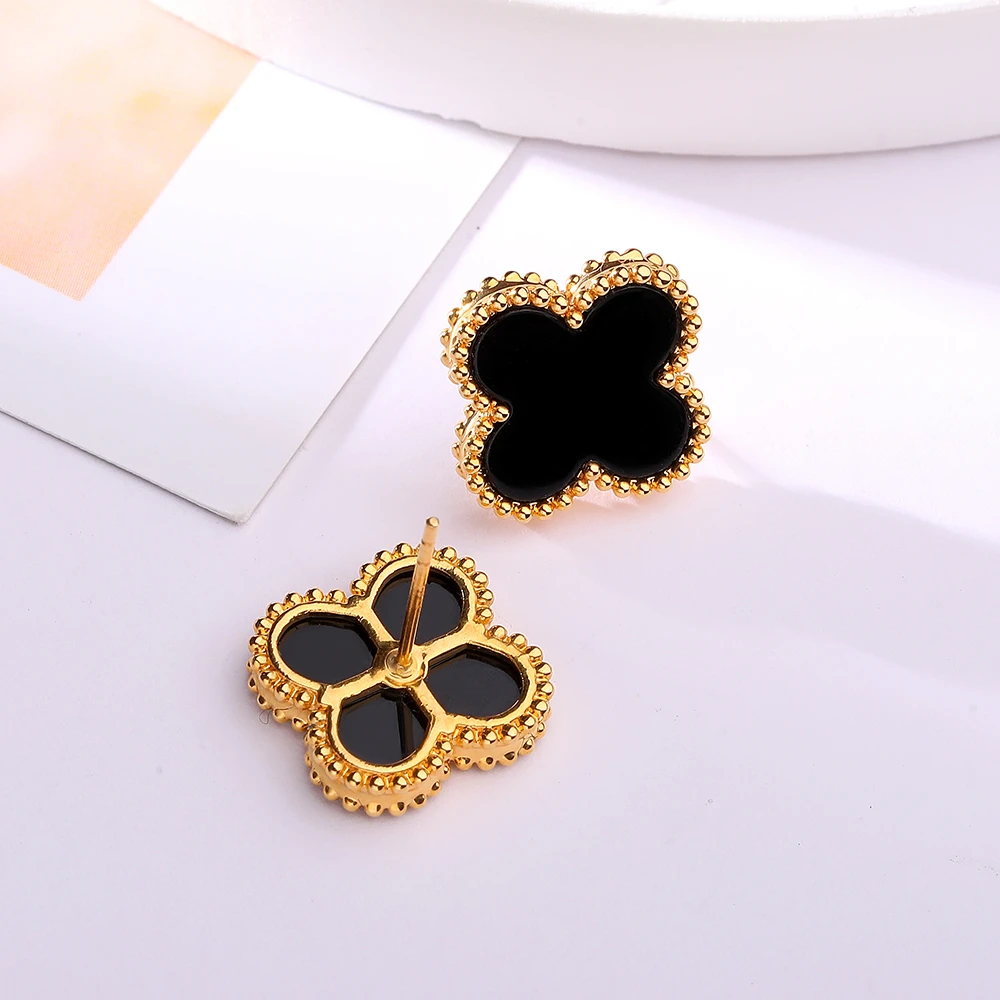 【倩倩专属】18k金豪镶黑玛瑙13mm四叶耳钉