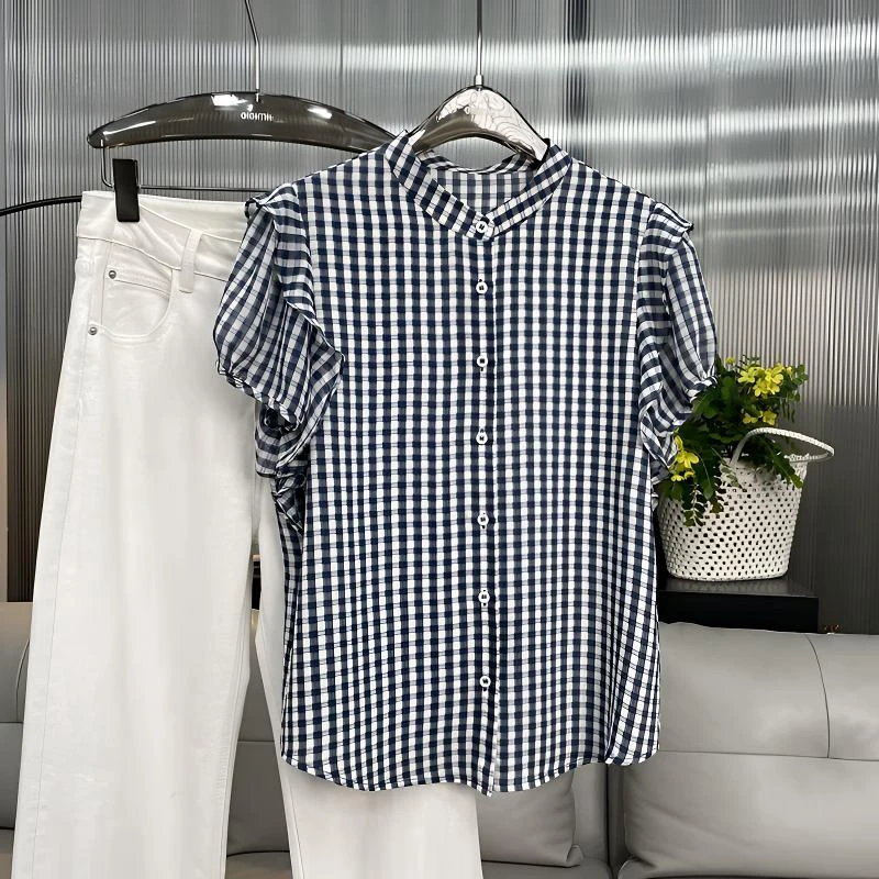 (经典蓝灰）时尚夏季圆领短袖格子女衬衫气质显瘦百搭洋气女衬衣