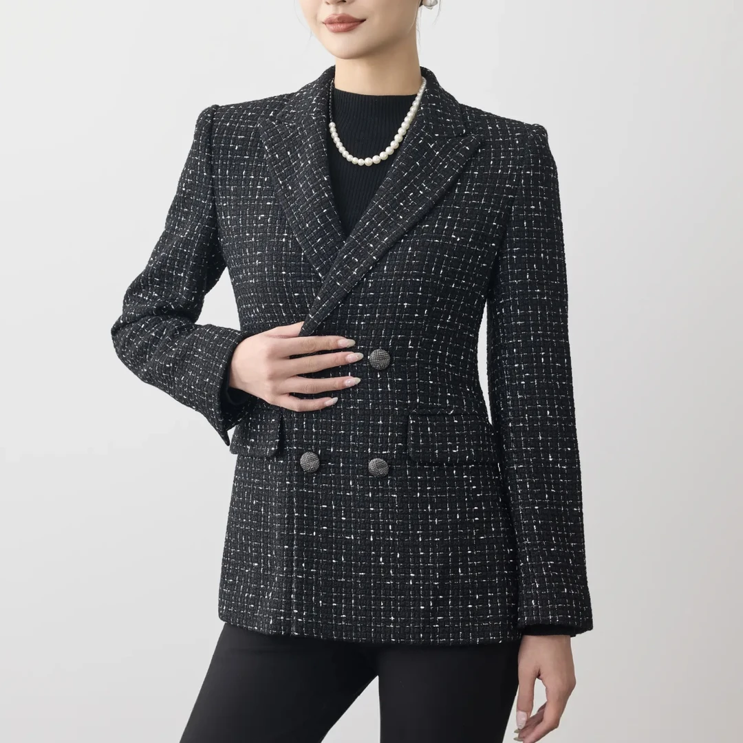 气质收腰黑色小香风粗花呢黑色西装外套1400616