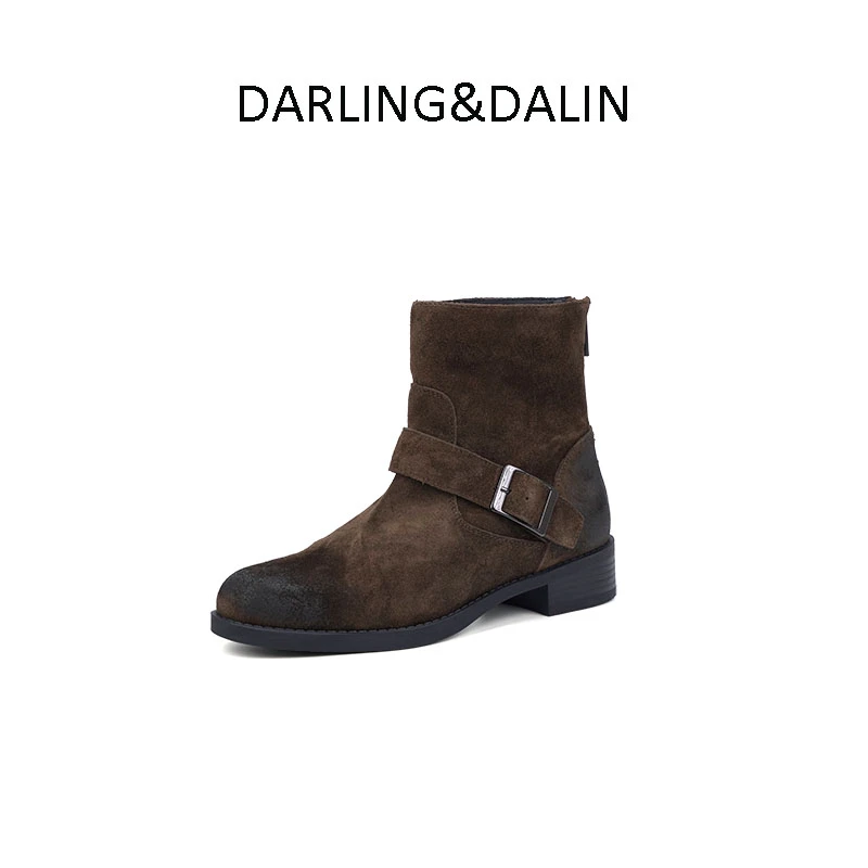 “破价”高定新款简约复古气质时髦皮带扣低跟一脚蹬短筒切尔西靴