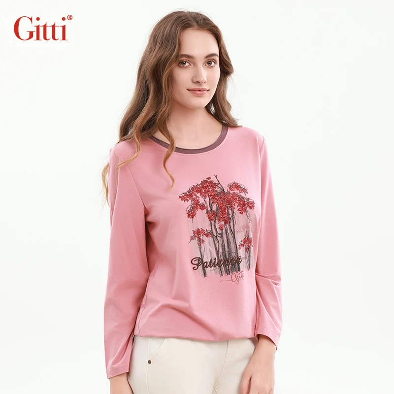 女装长袖t恤女圆领浪漫印花打底衫休闲百搭上衣G255525