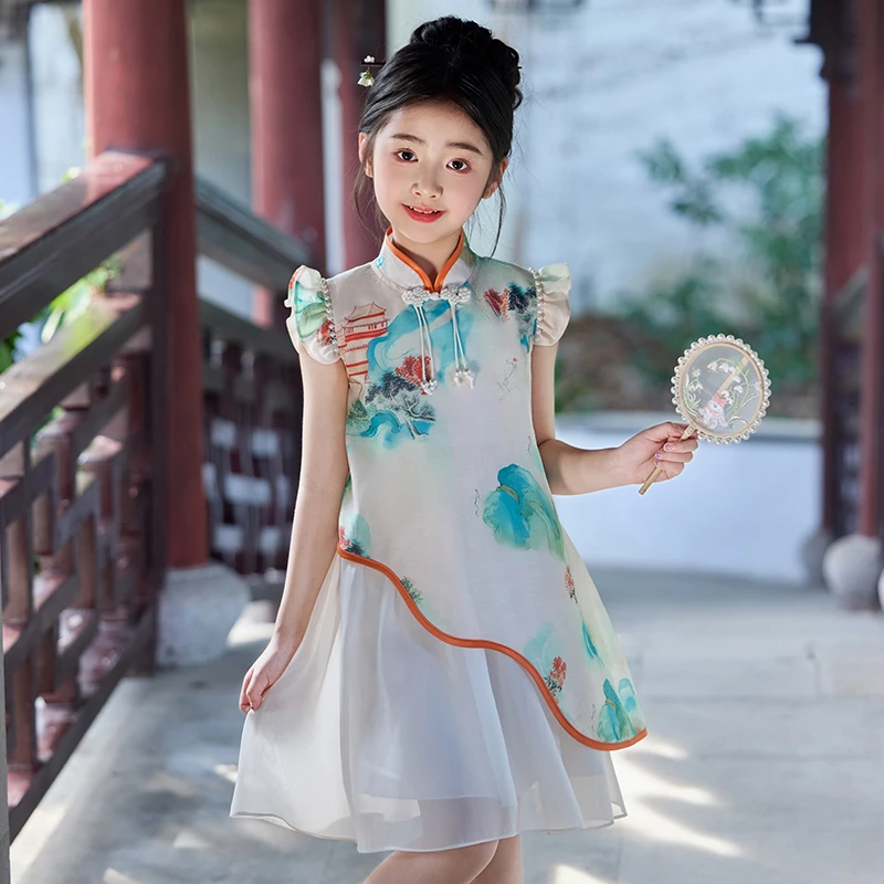 女童旗袍古装连衣裙中大童薄款夏装古风洋气小女孩夏季中式公主裙