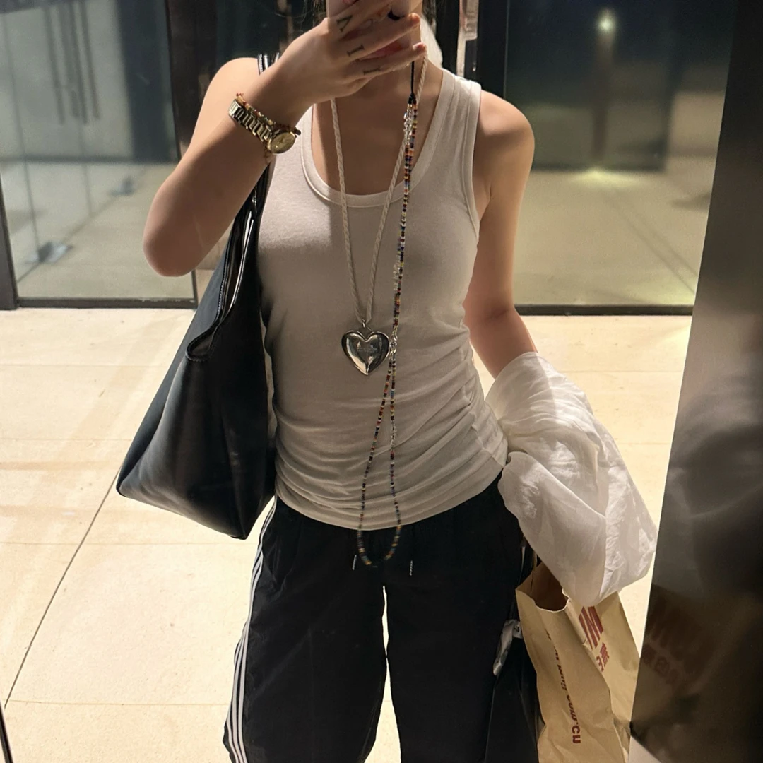 D YANGJUN夏季新款u型白色背后缝线背宽松心吊带女绝美小吊带上衣