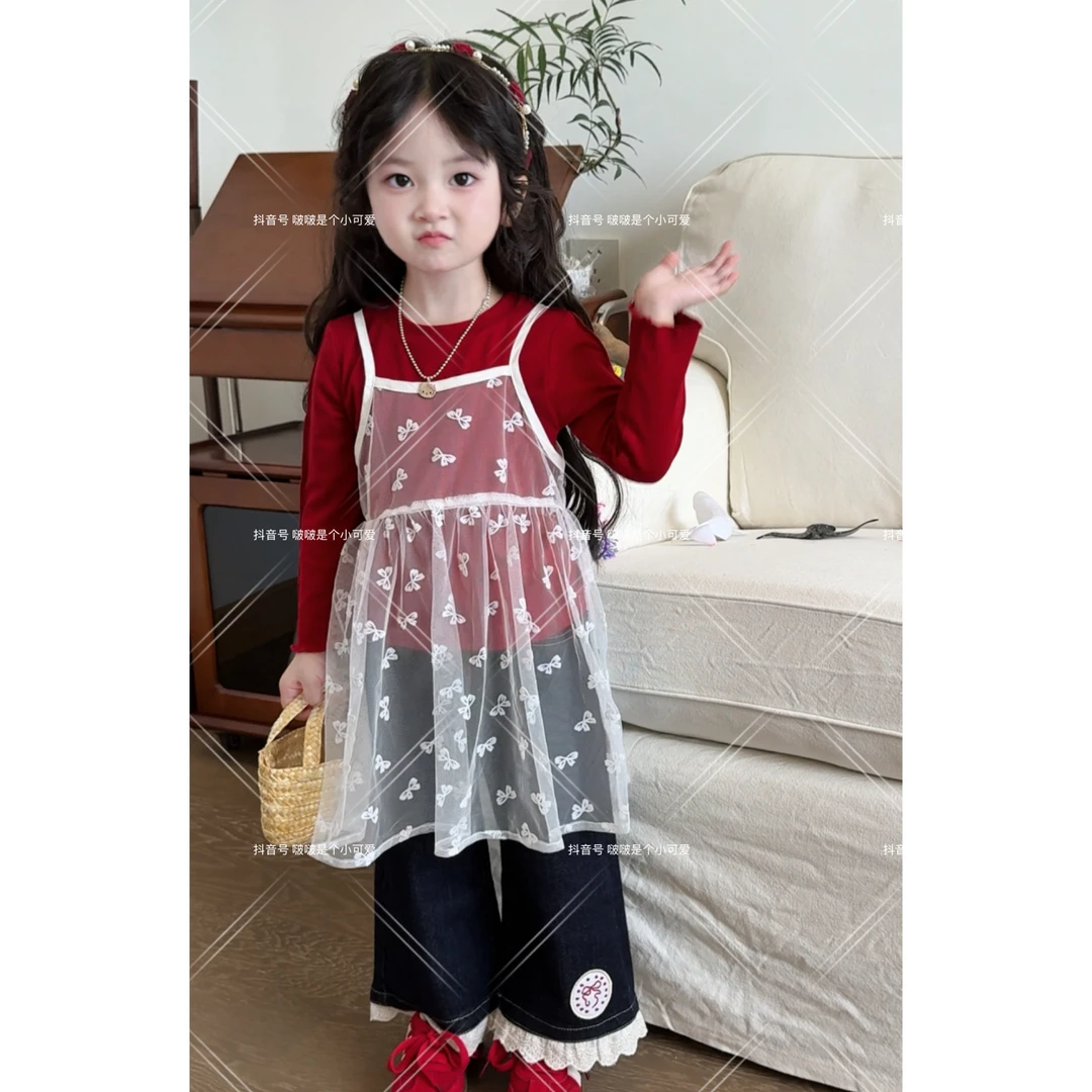 韩系风2025秋季新款女童韩版蝴蝶结吊带连衣裙三件套833123