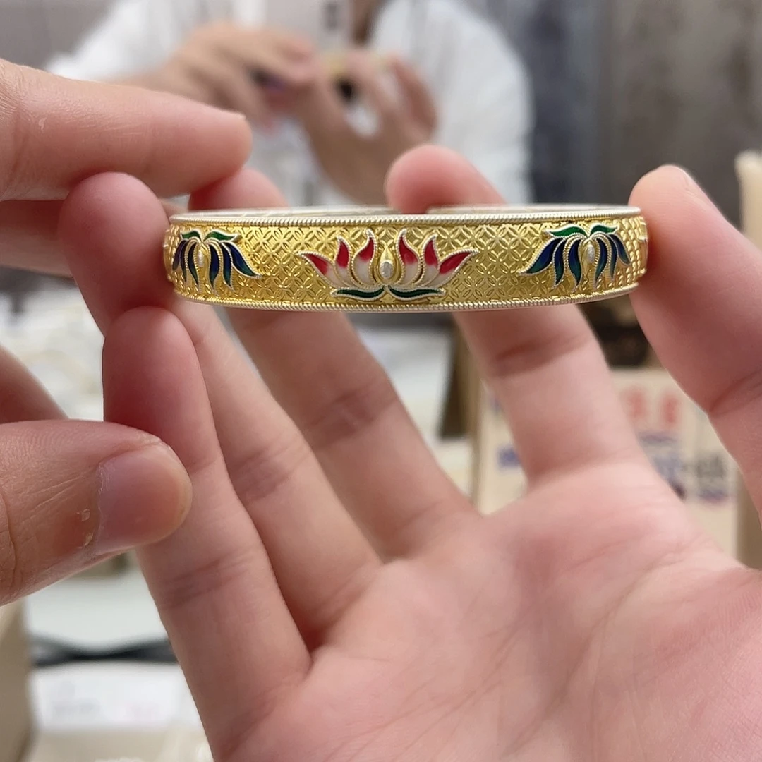 珐琅足银莲花手镯约38.6g