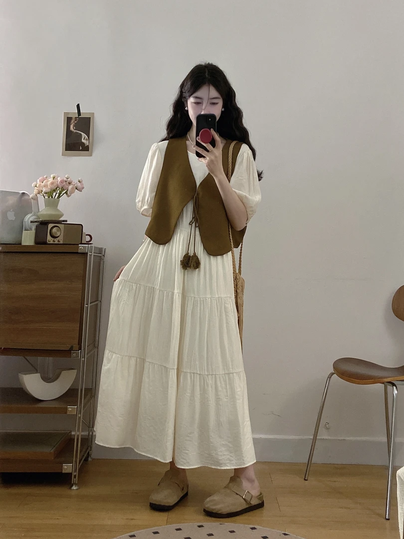 大码夏季短袖长裙遮肉显瘦文艺马甲套装简约两件套裙子