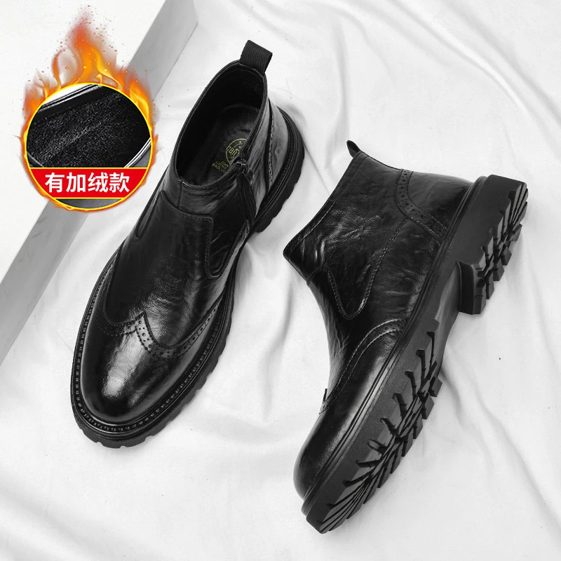 5829马丁靴中帮新款英伦风冬季加绒布洛克男士休闲时尚百搭切尔西