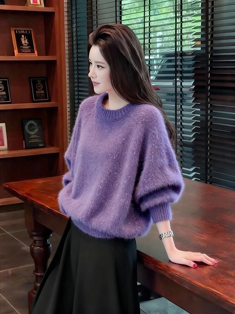 温柔风软糯轻熟亮片圆领毛衣女秋冬紫色宽松外穿套头针织衫上衣