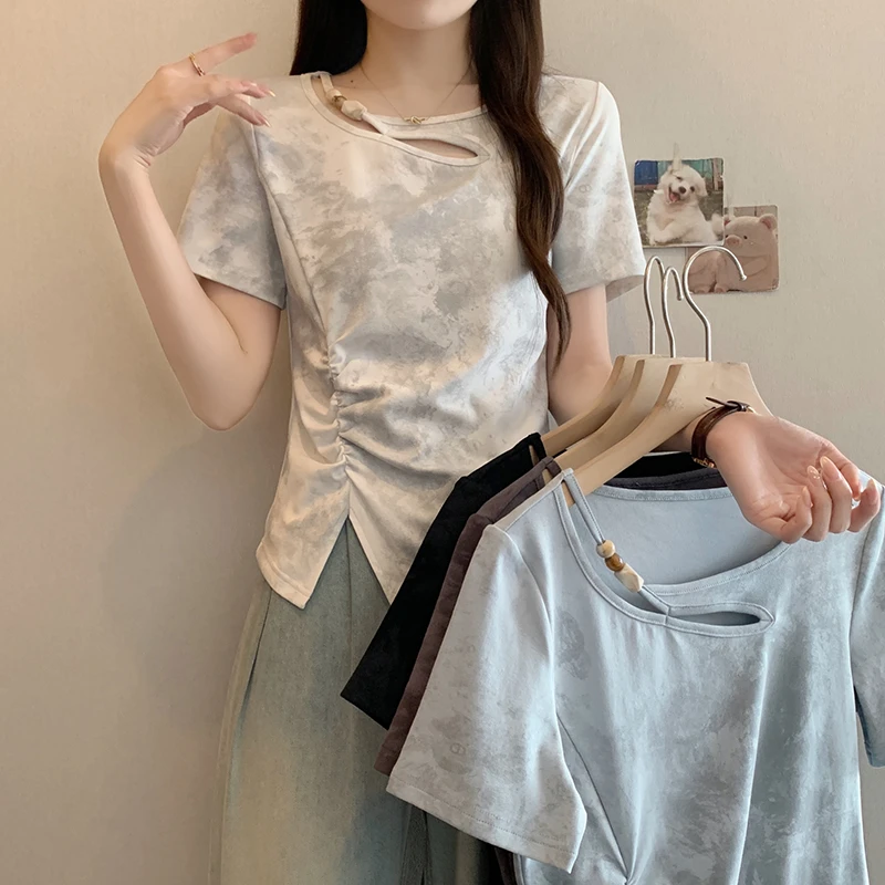 2025夏装新款胖mm大码女装设计感扎染不规则镂空短袖T恤上衣33938
