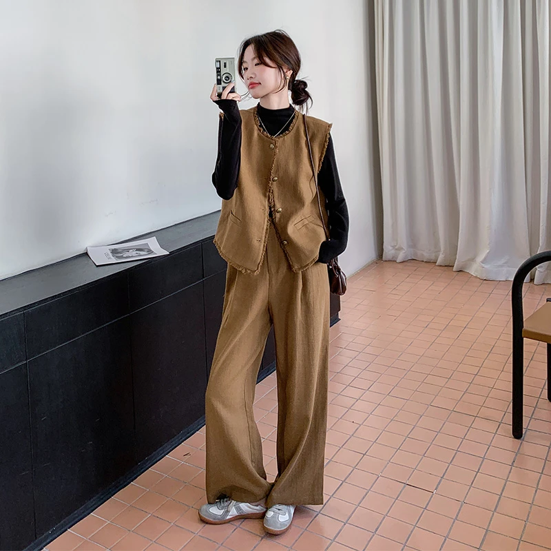 韩系休闲一整套穿搭马甲阔腿裤三件套女气质复古高级感套装长裤春